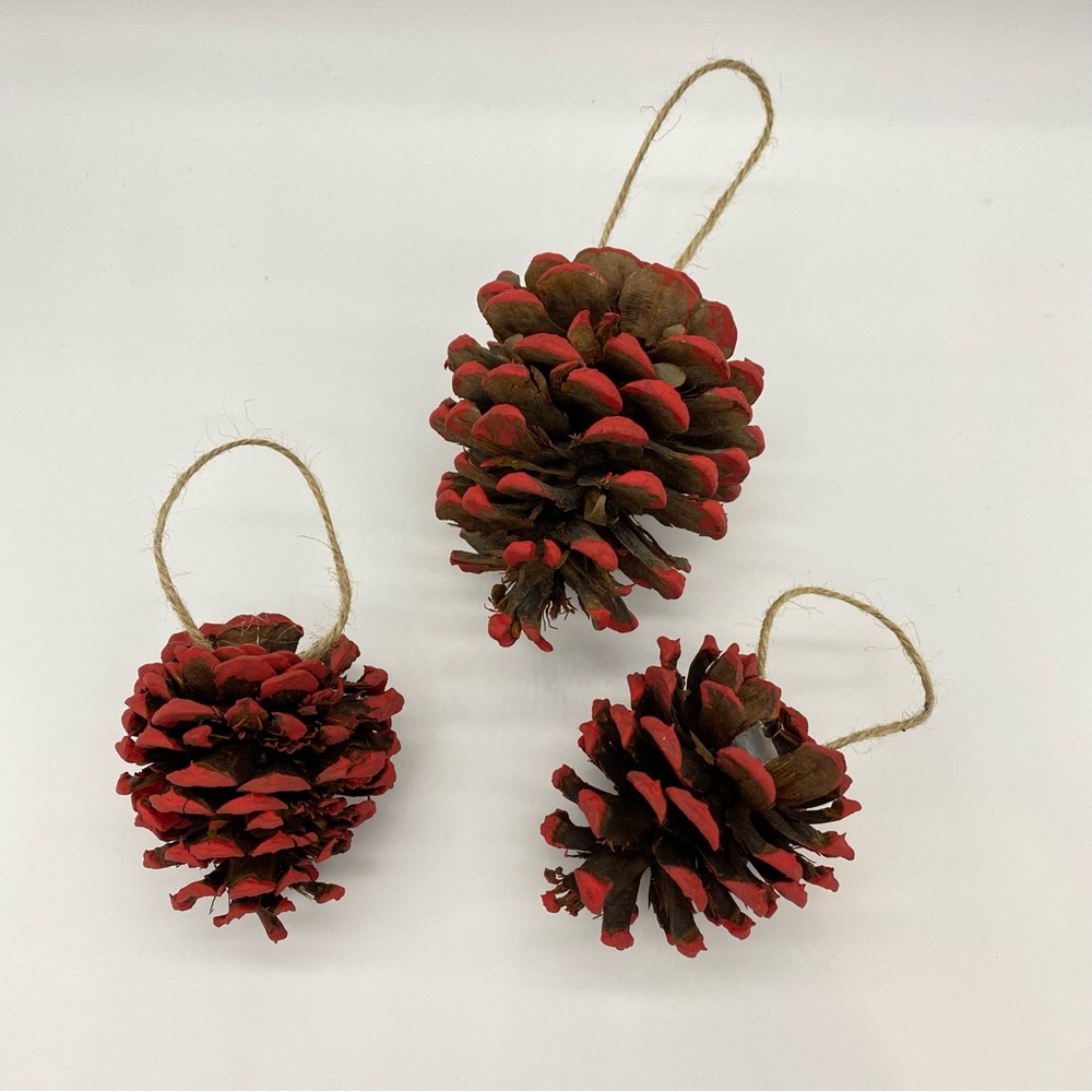 Festive Red & Brown Pine Cone Ornaments Hand Painted Set of 3